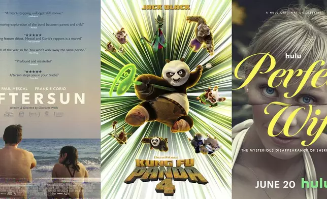 This combination of photos shows promotional art for the film "Aftersun," left, the animated film "Kung Fu Panda 4, center, and the series "Perfect Wife." (A24/Universal/Hulu via AP)