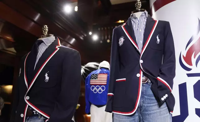 Team USA Paris Olympics opening ceremony attire is displayed at Ralph Lauren headquarters on Monday, June 17, 2024, in New York. (Photo by Charles Sykes/Invision/AP)