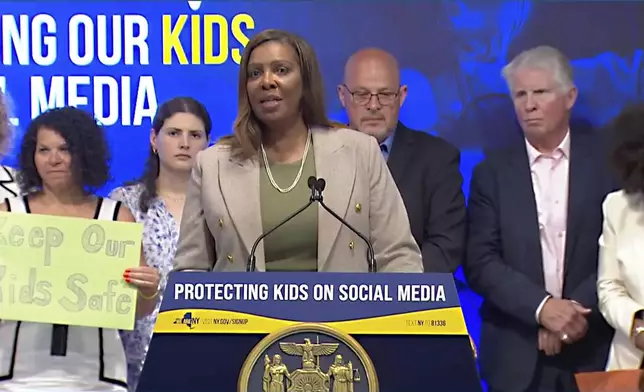 In this still image taken from video of the Office of the New York Governor, New York Attorney General Letitia James speaks during a bill signing, in New York, Thursday, June 20, 2024. New York Gov. Kathy Hochul signed a bill on Thursday that would allow parents to block their children from getting social media posts suggested by a platform's algorithm, a move to limit feeds critics argue are addictive. (Office of the New York Governor via AP)