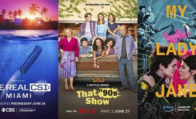 This combination of images shows promotional art for the series "The Real CSI: Miami," left, the comedy series "That 90s Show," center, and the series "My Lady Jane." (CBS/Netflix/Prime via AP)