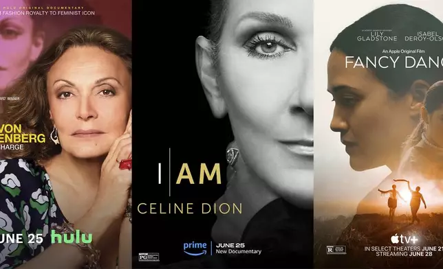 This combination of images shows promotional art for the documentary "Diane von Furstenberg: Woman in Charge," left, the documentary "I Am Celine Dion," center, and the film "Fancy Dance." (Hulu/Prime/Apple TV+ via AP)