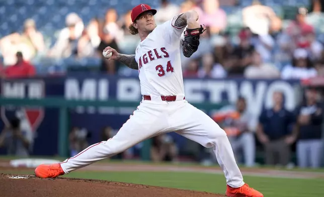 Los Angeles Angels starting pitcher Zach Plesac throws during the first inning of the team's baseball game against the Detroit Tigers, Friday, June 28, 2024, in Anaheim, Calif. (AP Photo/Ryan Sun)
