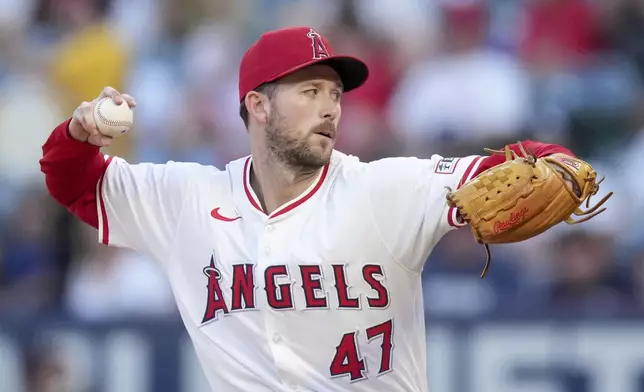 Los Angeles Angels starting pitcher Griffin Canning (47) throws to a Detroit Tigers batter during the first inning of a baseball game in Anaheim, Calif., Saturday, June 29, 2024. (AP Photo/Eric Thayer)
