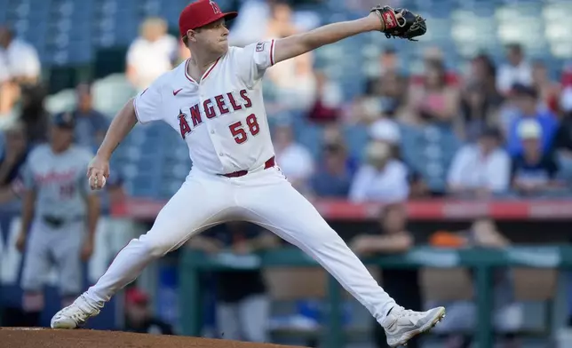 Los Angeles Angels starting pitcher Davis Daniel throws during the first inning of the team's baseball game against the Detroit Tigers, Thursday, June 27, 2024, in Anaheim, Calif. (AP Photo/Ryan Sun)