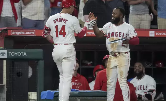 Los Angeles Angels' Logan O'Hoppe (14) is congratulated by Luis Rengifo after O'Hoppe hit a home run against the Detroit Tigers during the eighth inning of a baseball game in Anaheim, Calif., Saturday, June 29, 2024. (AP Photo/Eric Thayer)