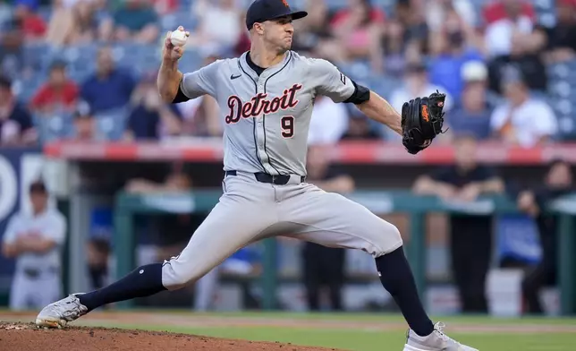 Detroit Tigers starting pitcher Jack Flaherty throws during the first inning of the team's baseball game against the Los Angeles Angels, Thursday, June 27, 2024, in Anaheim, Calif. (AP Photo/Ryan Sun)