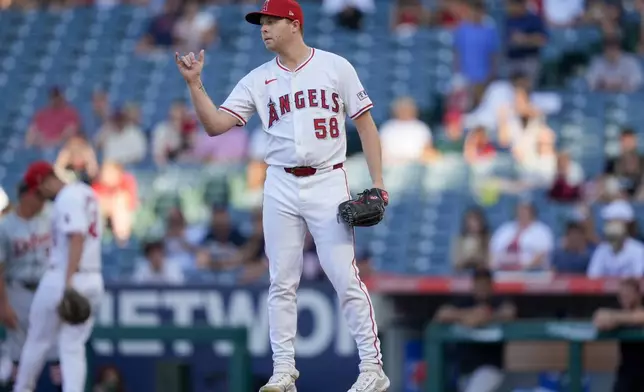Los Angeles Angels starting pitcher Davis Daniel gestures during the first inning of the team's baseball game against the Detroit Tigers, Thursday, June 27, 2024, in Anaheim, Calif. (AP Photo/Ryan Sun)
