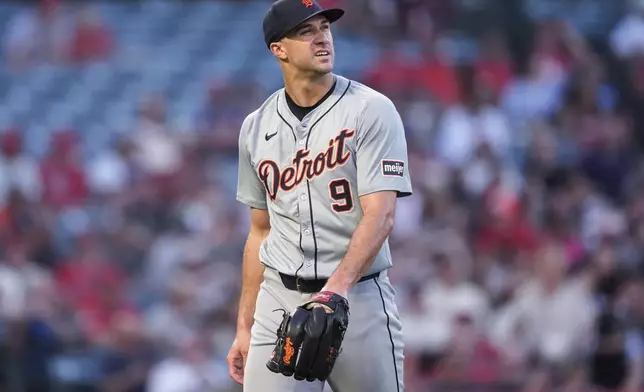Detroit Tigers starting pitcher Jack Flaherty looks at the scoreboard while walking to the dugout after the fifth inning of the team's baseball game against the Los Angeles Angels, Thursday, June 27, 2024, in Anaheim, Calif. (AP Photo/Ryan Sun)