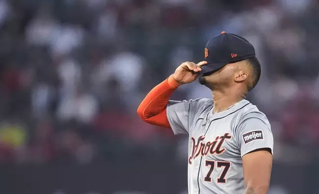 Detroit Tigers second baseman Andy Ibanez pauses during the sixth inning of the team's baseball game against the Los Angeles Angels, Friday, June 28, 2024, in Anaheim, Calif. (AP Photo/Ryan Sun)