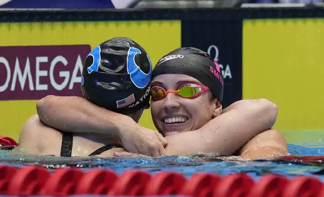 Regan Smith and Alex Shackell after the Women's 200 butterfly finals Thursday, June 20, 2024, at the US Swimming Olympic Trials in Indianapolis. (AP Photo/Darron Cummings)