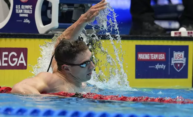 Ryan Murphy celebrates after winningthe Men's 200 backstroke finals Thursday, June 20, 2024, at the US Swimming Olympic Trials in Indianapolis. (AP Photo/Darron Cummings)