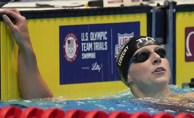 Katie Ledecky reacts after winning the Women's 800 freestyle finals Saturday, June 22, 2024, at the US Swimming Olympic Trials in Indianapolis. (AP Photo/Michael Conroy)