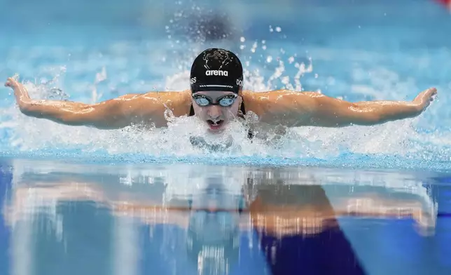 Kate Douglass swims during the Women's 200 individual medley finals Saturday, June 22, 2024, at the US Swimming Olympic Trials in Indianapolis. (AP Photo/Michael Conroy)