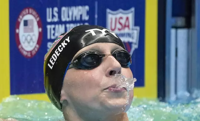 Katie Ledecky after a Women's 800 freestyle preliminary heat Friday, June 21, 2024, at the US Swimming Olympic Trials in Indianapolis. (AP Photo/Michael Conroy)