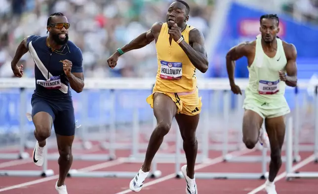 Grant Holloway wins the men's 110-meter hurdles final during the U.S. Track and Field Olympic Team Trials Friday, June 28, 2024, in Eugene, Ore. (AP Photo/George Walker IV)