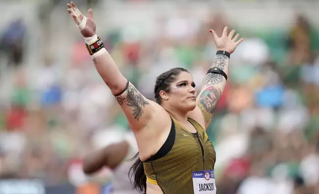 Chase Jackson competes in the women's shot put final during the U.S. Track and Field Olympic Team Trials Saturday, June 29, 2024, in Eugene, Ore. (AP Photo/Charlie Neibergall)