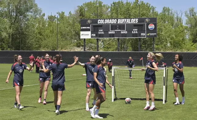 The U.S. women's soccer team practices Tuesday, May 28, 2024, in Boulder, Colo. (RJ Sangosti/The Denver Post via AP)