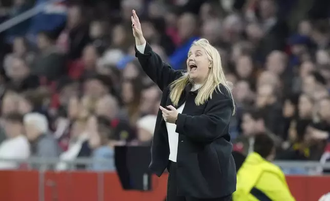 FILE - Chelsea's coach Emma Hayes gestures during the Women's Champions League quarterfinal soccer match between Ajax and Chelsea at the Johan Cruyff Arena, in Amsterdam, Netherlands, Tuesday, March 19, 2024. Coach Emma Hayes has selected her first roster for the United States ahead of a pair of friendlies as she prepares to lead the women’s national team at the Paris Olympics. Hayes, named U.S. coach last November, finished her final season as coach of Chelsea on Saturday, winning the team's fifth straight Women's Super League Title with a 6-0 rout of Manchester United. (AP Photo/Peter Dejong, File)