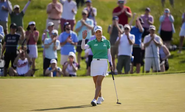 Minjee Lee, of Australia, reacts after birdying the 16th hole during the third round of the U.S. Women's Open golf tournament at Lancaster Country Club, Saturday, June 1, 2024, in Lancaster, Pa. (AP Photo/Matt Slocum)