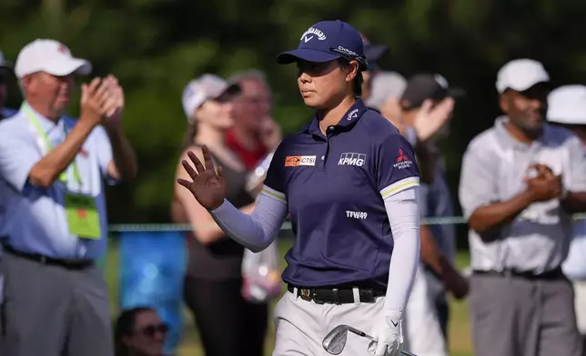 Yuka Saso, of Japan, reacts after making a chip shot on the 17th hole during the third round of the U.S. Women's Open golf tournament at Lancaster Country Club, Saturday, June 1, 2024, in Lancaster, Pa. (AP Photo/Matt Slocum)