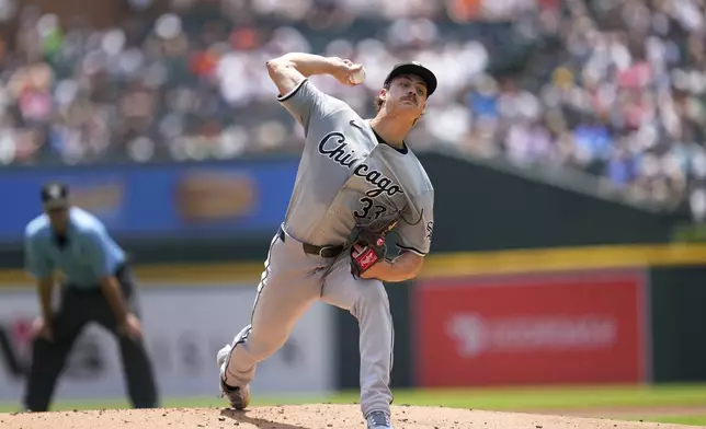 Chicago White Sox pitcher Drew Thorpe throws against the Detroit Tigers in the first inning of a baseball game, Saturday, June 22, 2024, in Detroit. (AP Photo/Paul Sancya)
