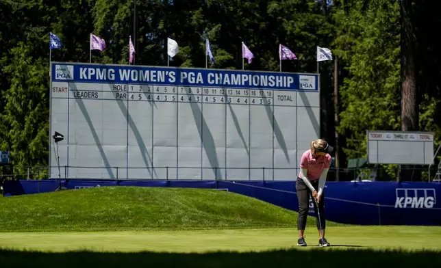 Brooke M. Henderson, of Canada, putts on the green on the 18th hole during a practice round for the Womens PGA Championship golf tournament at Sahalee Country Club, Wednesday, June 19, 2024, in Sammamish, Wash. (AP Photo/Lindsey Wasson)