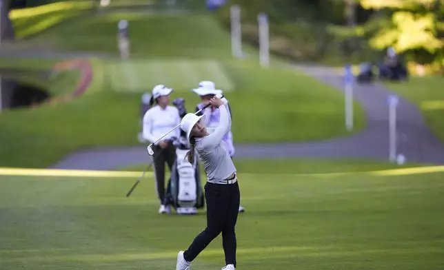 Amy Yang, of South Korea, hits on the 18th fairway during the second round of the Women's PGA Championship golf tournament at Sahalee Country Club, Friday, June 21, 2024, in Sammamish, Wash. (AP Photo/Gerald Herbert)