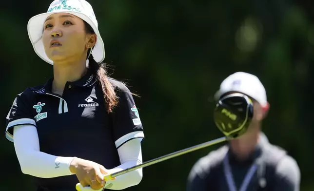 Lydia Ko, of New Zealand, tees off of the 15th hole during a practice round for the Women's PGA Championship golf tournament at Sahalee Country Club, Wednesday, June 19, 2024, in Sammamish, Wash. (AP Photo/Lindsey Wasson)