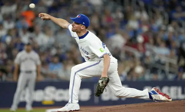 Toronto Blue Jays pitcher Chris Bassitt (40) works against the New York Yankees during the first inning of a baseball game in Toronto, Saturday, June 29, 2024. (Frank Gunn/The Canadian Press via AP)