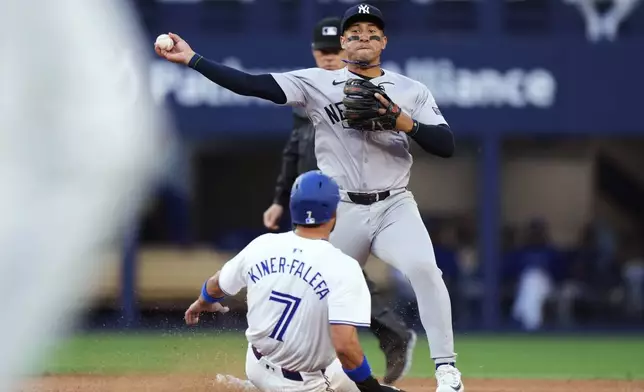 New York Yankees second baseman Jahmai Jones throws to first after forcing out Toronto Blue Jays' Isiah Kiner-Falefa (7) on a double play hit into by Vladimir Guerrero Jr. during the fourth inning of a baseball game Thursday, June 27, 2024, in Toronto. (Frank Gunn/The Canadian Press via AP)