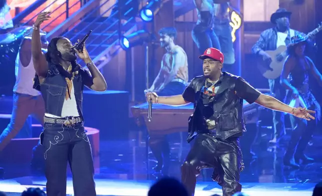 Shaboozey, left, and J-Kwon perform during the BET Awards on Sunday, June 30, 2024, at the Peacock Theater in Los Angeles. (AP Photo/Chris Pizzello)