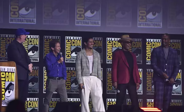 Kevin Feige, from left, Tim Blake Nelson, Danny Ramirez, Giancarlo Esposito, and Anthony Mackie attend a panel for Marvel Studios during Comic-Con International on Saturday, July 27, 2024, in San Diego. (Photo by Richard Shotwell/Invision/AP)