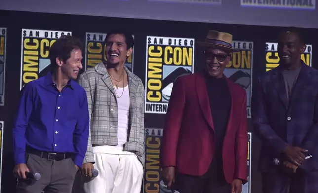 Tim Blake Nelson, from left, Danny Ramirez, Giancarlo Esposito, and Anthony Mackie attend a panel for Marvel Studios during Comic-Con International on Saturday, July 27, 2024, in San Diego. (Photo by Richard Shotwell/Invision/AP)