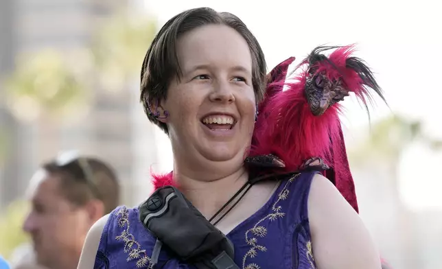 Amy Johnson of San Diego shows off her dragon puppet before preview night for Comic-Con International, Wednesday, July 24, 2024, in San Diego. (AP Photo/Chris Pizzello)