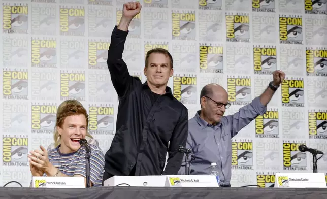 Patrick Gibson, from left, Michael C. Hall and Christian Slater attend a panel for "Dexter: Original Sin" during Comic-Con International on Friday, July 26, 2024, in San Diego. (Photo by Christy Radecic/Invision/AP)