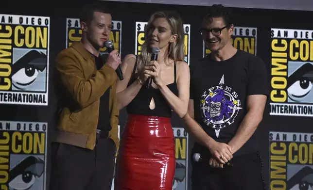 Joseph Quinn, from left, Vanessa Kirby, and Pedro Pascal attend a panel for "Marvel Studios" during Comic-Con International on Saturday, July 27, 2024, in San Diego. (Photo by Richard Shotwell/Invision/AP)