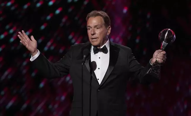Nick Saban makes comments after recieving the Icon Award at the ESPY awards on Thursday, July 11, 2024, at the Dolby Theatre in Los Angeles. (AP Photo/Mark J. Terrill)