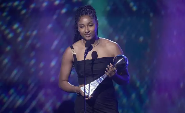 Juju Watkins of the Southern California women's basketball team accepts the Breakthrough Athlete of the Year award at the ESPY awards on Thursday, July 11, 2024, at the Dolby Theatre in Los Angeles. (AP Photo/Mark J. Terrill)