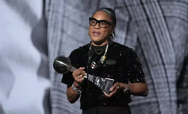 South Carolina head coach Dawn Staley speaks after receiving the Jimmy V Award for Perseverance during the ESPY awards on Thursday, July 11, 2024, at the Dolby Theatre in Los Angeles. (AP Photo/Mark J. Terrill)