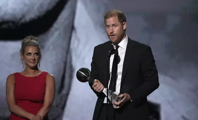 Prince Harry speaks after receiving the Pat Tillman Award For Service at the ESPY awards on Thursday, July 11, 2024, at the Dolby Theatre in Los Angeles. (AP Photo/Mark J. Terrill)