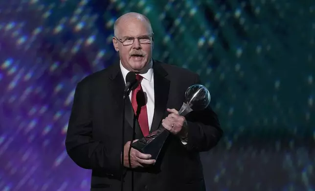 Kansas City Chiefs head coach Andy Reid makes comments after accepting the Best Athlete Men's Sports award on behalf of Patrick Mahomes at the the ESPY awards on Thursday, July 11, 2024, at the Dolby Theatre in Los Angeles. (AP Photo/Mark J. Terrill)