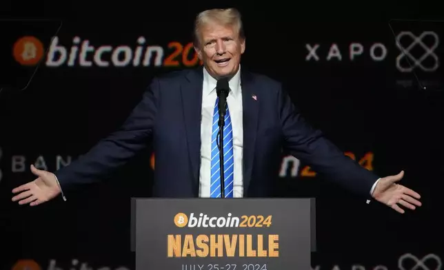 Republican presidential candidate former President Donald Trump speaks at the Bitcoin 2024 Conference Saturday, July 27, 2024, in Nashville, Tenn. (AP Photo/Mark Humphrey)