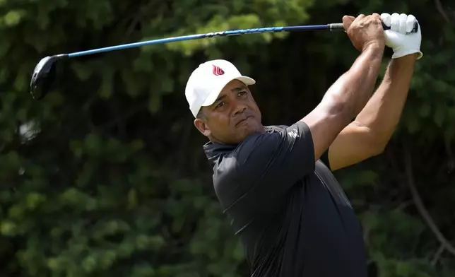 Jhonattan Vegas hits off the tee on the second hole during the final round of the 3M Open golf tournament at the Tournament Players Club, Sunday, July 28, 2024, in Blaine, Minn. (AP Photo/Charlie Neibergall)