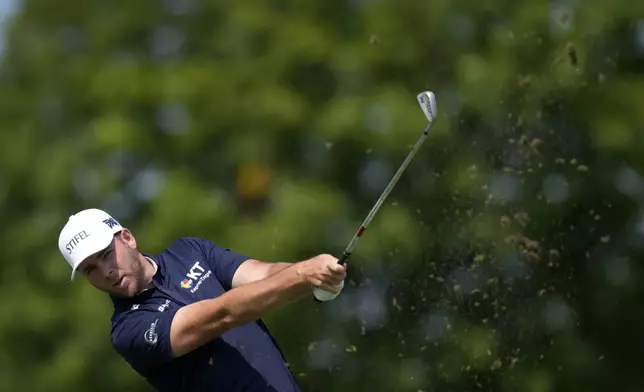 Luke List hits off the tee on the fourth hole during the first round of the 3M Open golf tournament at the Tournament Players Club, Thursday, July 25, 2024, in Blaine, Minn. (AP Photo/Charlie Neibergall)