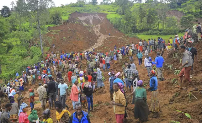 ADDS NAME OF THE PHOTOGRAPHER - In this handout photo released by Gofa Zone Government Communication Affairs Department, hundreds of people gather at the site of a mudslide in the Kencho Shacha Gozdi district, Gofa Zone, southern Ethiopia, Monday, July 22, 2024. At least 146 people were killed in mudslides in a remote part of Ethiopia that has been hit with heavy rainfall, according to local authorities. (Isayas Churga/Gofa Zone Government Communication Affairs Department via AP)