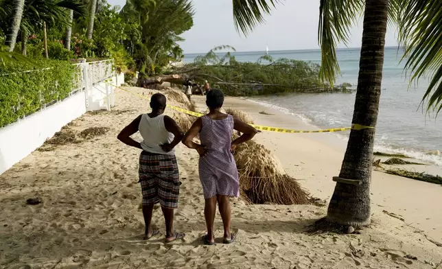 Neighbors look out at beach erosion and a fallen tree the day after Hurricane Beryl hit St. James, Barbados, Tuesday, July 2, 2024. (AP Photo/Ricardo Mazalan)
