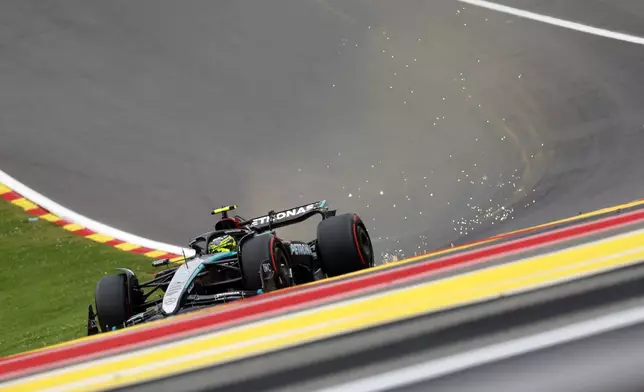 Mercedes driver Lewis Hamilton of Britain steers his car during the first practice session ahead of the Formula One Grand Prix at the Spa-Francorchamps racetrack in Spa, Belgium, Friday, July 26, 2024. The Belgian Formula One Grand Prix will take place on Sunday. (AP Photo/Geert Vanden Wijngaert)