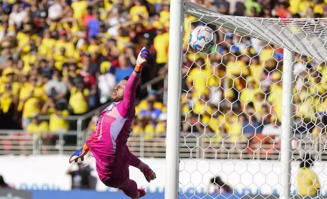 Colombia's goalkeeper David Ospina fails to stop a free kick from Brazil's Raphinha, who scored his side's opening goal during a Copa America Group D soccer match in Santa Clara, Calif., Tuesday, July 2, 2024. (AP Photo/Tony Avelar)