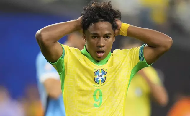 Brazil's Endrick reacts during a Copa America quarterfinal soccer match against Uruguay in Las Vegas, Saturday, July 6, 2024. (AP Photo/Julio Cortez)