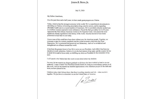 This screenshot taken from President Joe Biden's X account shows the letter that Biden wrote to announce that he was dropping out of the 2024 race for the White House on Sunday, July 21, 2024, and would no longer seek reelection. (X via AP)